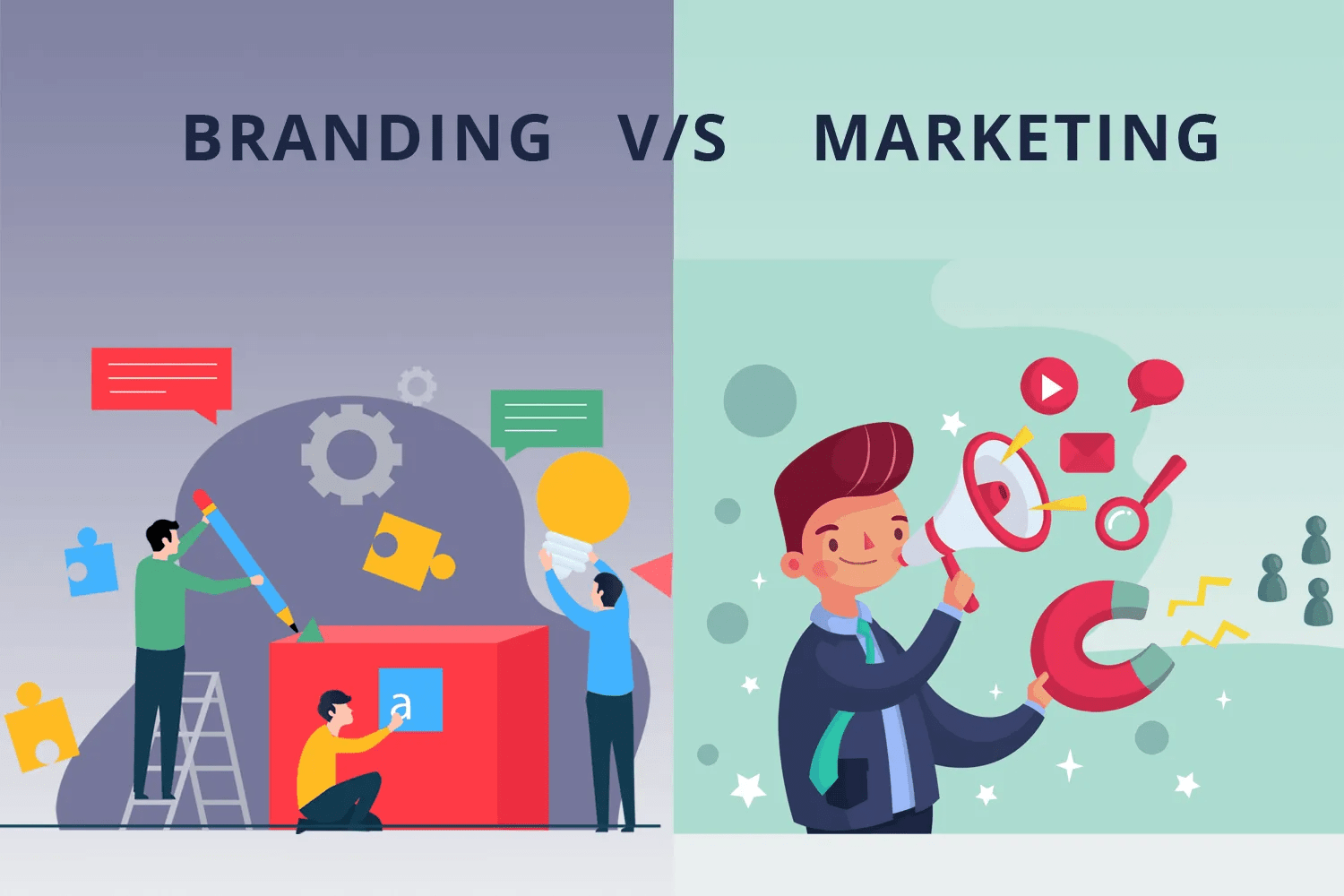 Branding vs Marketing concept image.